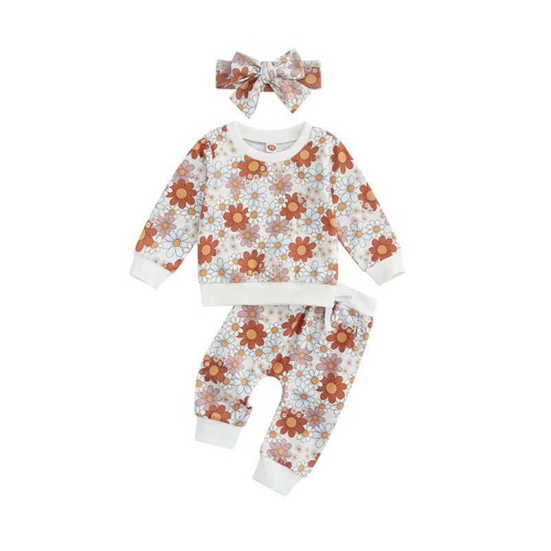 3 Pieces Set Baby Kid Girls Flower Print Hoodies Swearshirts Pants And Bow Headwear Wholesale 221229341
