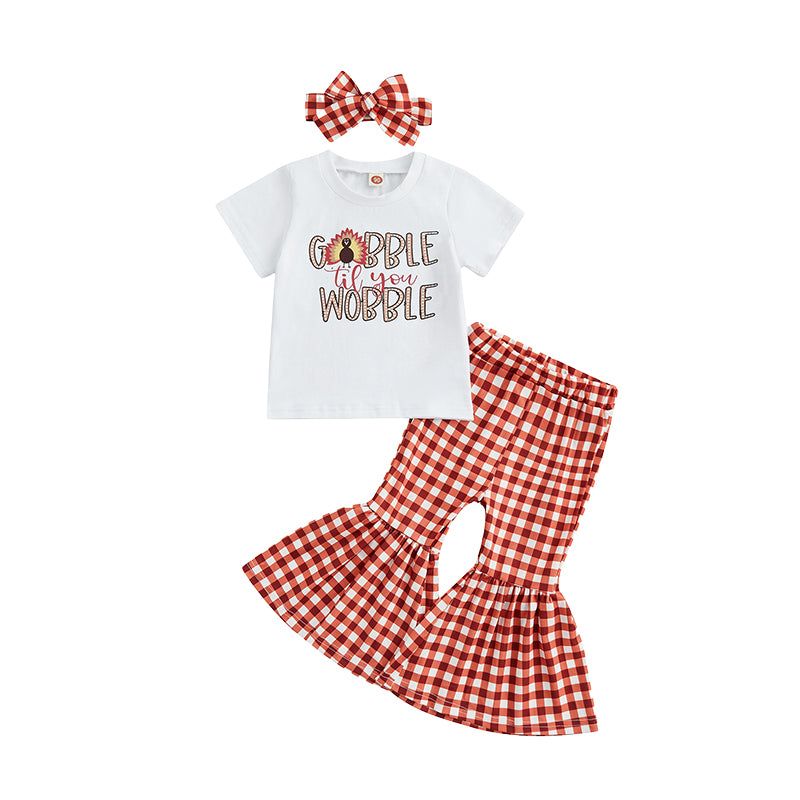 3 Pieces Set Baby Kid Girls Cartoon Print T-Shirts Checked Pants And Bow Headwear Wholesale 221229344