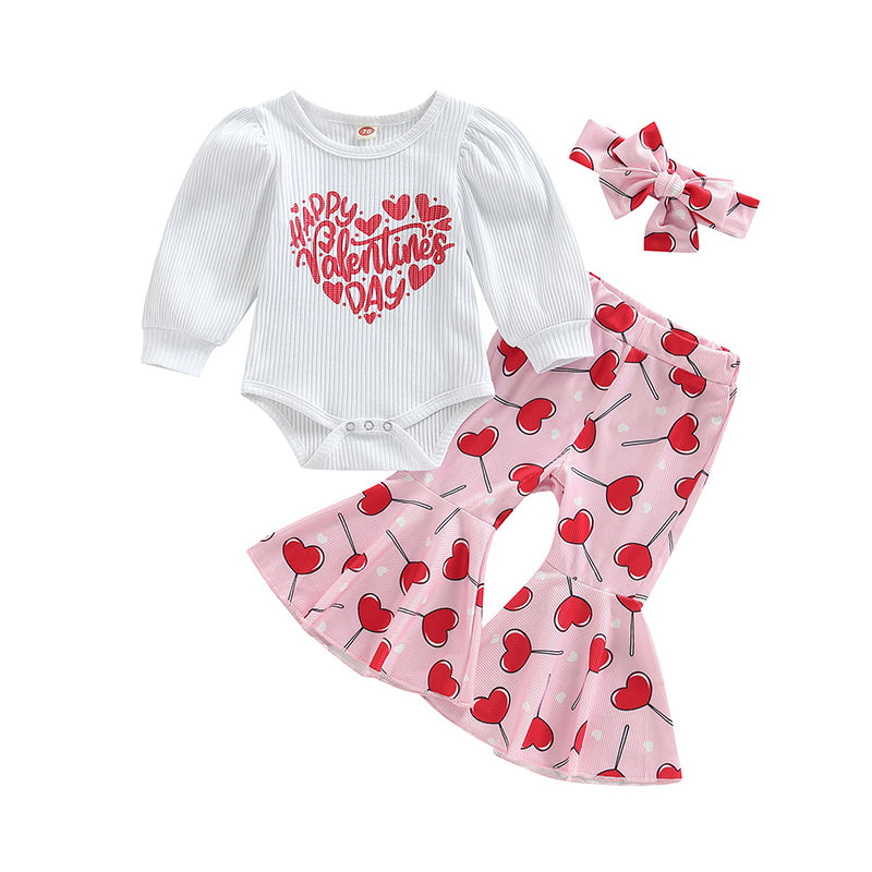 3 Pieces Set Baby Girls Valentine's Day Letters Love heart Print Rompers And Pants And Bow Headwear Wholesale 221229389