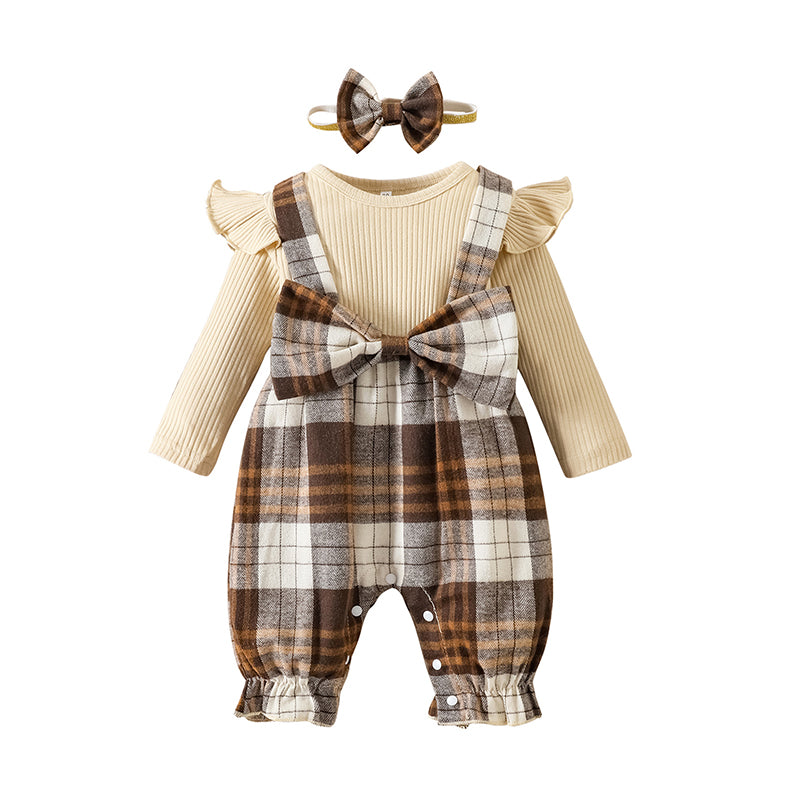 Baby Girls Color-blocking Polka dots Checked Bow Print Jumpsuits Wholesale 221229394