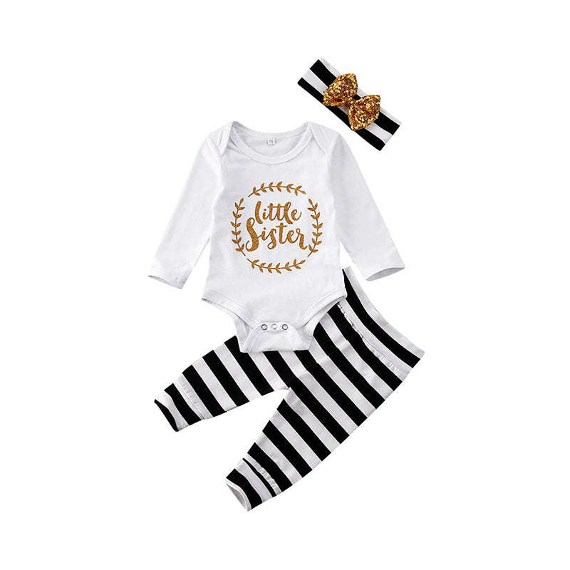 3 Pieces Set Baby Girls Letters Rompers Striped Pants And Bow Headwear Wholesale 221229464