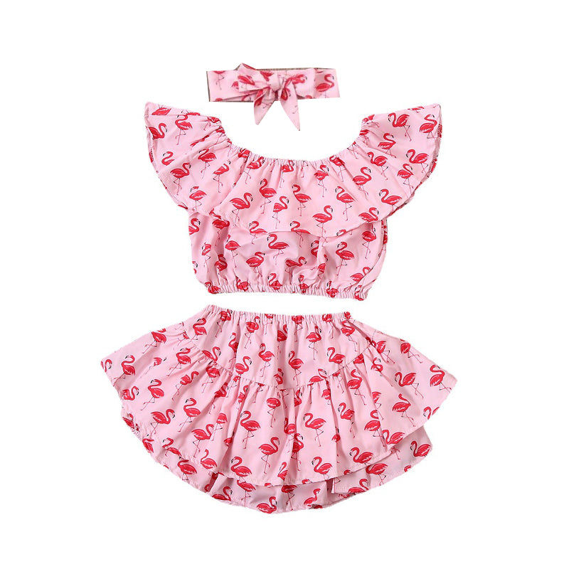 3 Pieces Set Baby Girls Flamingo Print Tank Tops And Shorts And Headwear Wholesale 22122952