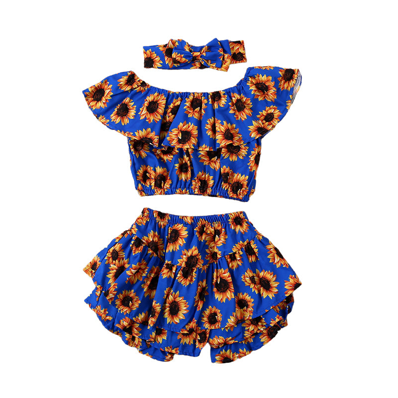 3 Pieces Set Baby Girls Flower Print Tops Shorts And Bow Headwear Wholesale 22122954
