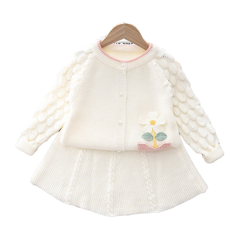 2 Pieces Set Baby Kid Girls Flower Crochet Cardigan And Solid Color Skirts Wholesale 221229552