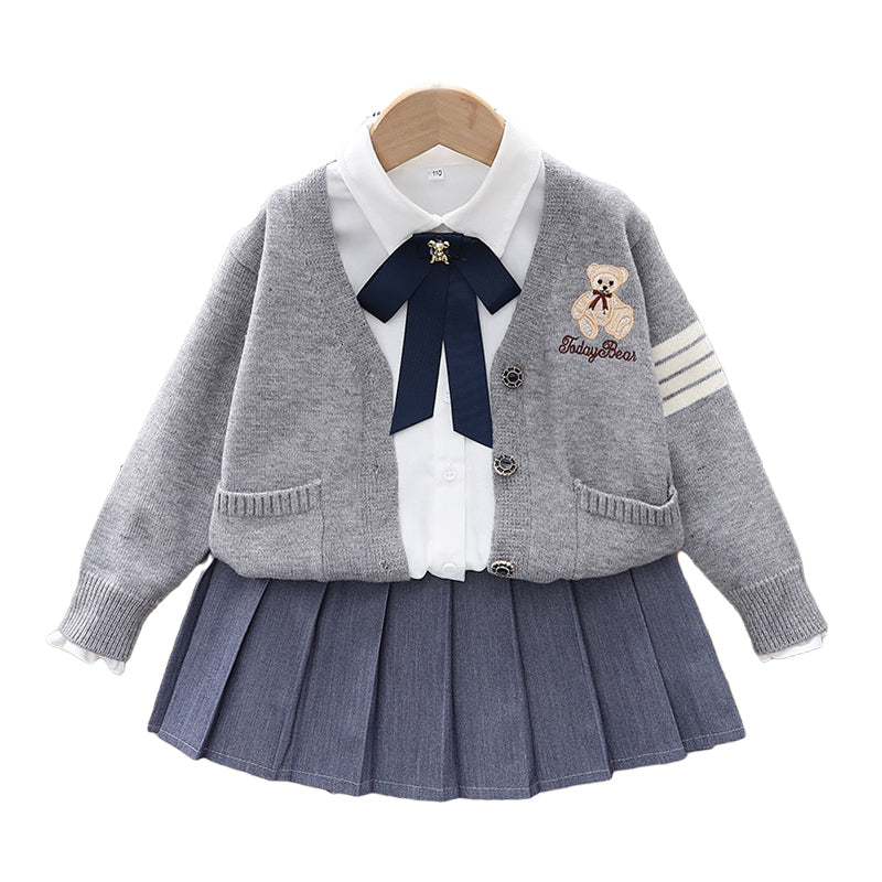 3 Pieces Set Kid Girls Bow Shirts And Letters Cartoon Crochet Cardigan And Solid Color Skirts Wholesale 221229556