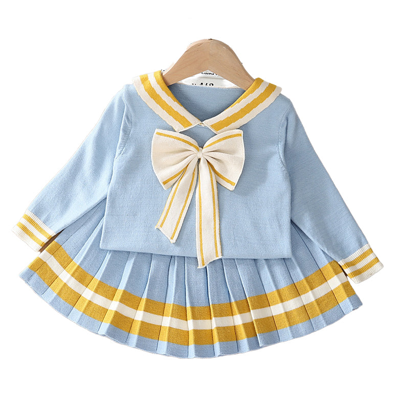 2 Pieces Set Baby Kid Girls Bow Crochet Sweaters And Striped Skirts Wholesale 221229559