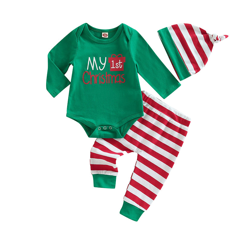 3 Pieces Set Baby Unisex Christmas Letters Rompers And Striped Pants And Hats Wholesale 221229578