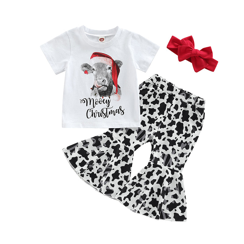 3 Pieces Set Baby Kid Girls Letters Cartoon Print T-Shirts And Cow Pants And Bow Headwear Wholesale 221229607