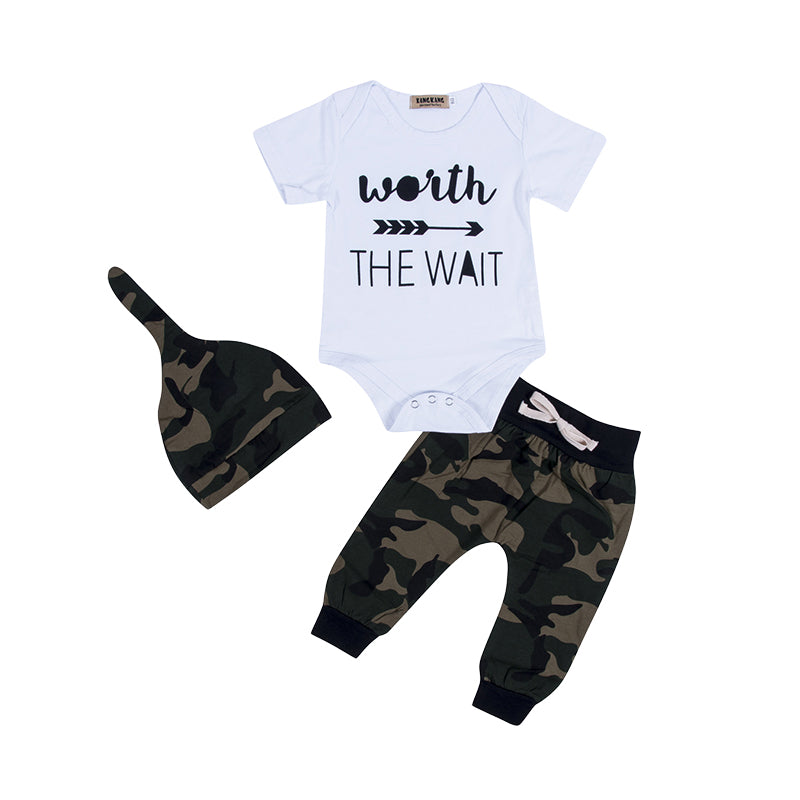 3 Pieces Set Baby Boys Letters Rompers Camo Pants And Hats Wholesale 221229618