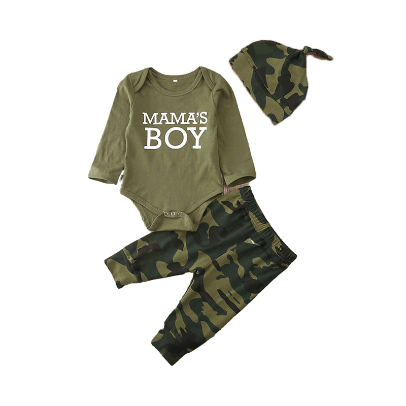 3 Pieces Set Baby Unisex Letters Rompers Camo Pants And Bow Hats Wholesale 221229619
