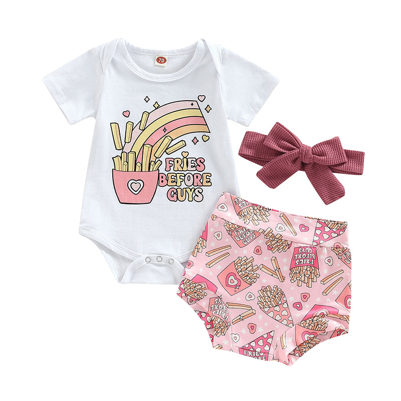 3 Pieces Set Baby Girls Letters Print Rompers And Love heart Star Shorts And Bow Headwear Wholesale 221229624