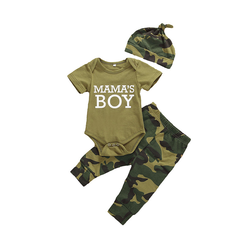 3 Pieces Set Baby Unisex Letters Rompers And Camo Pants And Hats Wholesale 221229630
