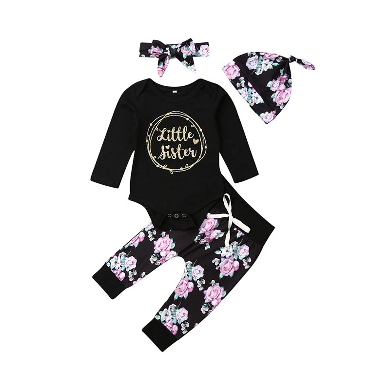 4 Pieces Set Baby Girls Letters Print Rompers Flower Pants Hats And Bow Headwear Wholesale 221229644