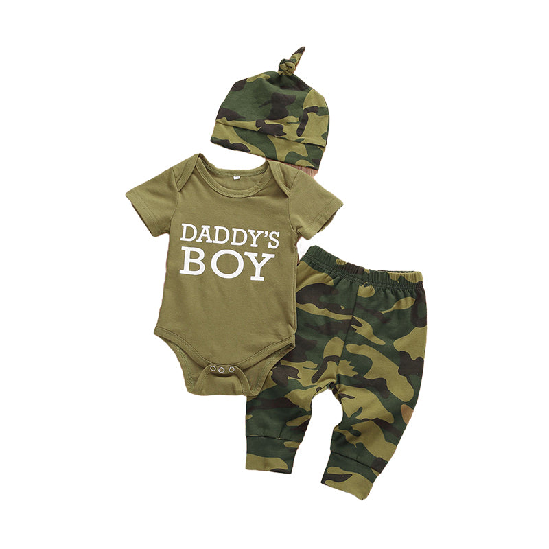 3 Pieces Set Baby Boys Letters Rompers Camo Pants And Hats Wholesale 221229651
