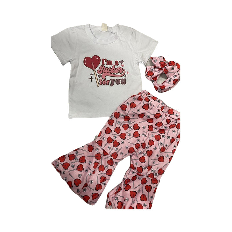 3 Pieces Set Baby Kid Girls Valentine's Day Letters T-Shirts Love heart Pants And Bow Headwear Wholesale 221229676
