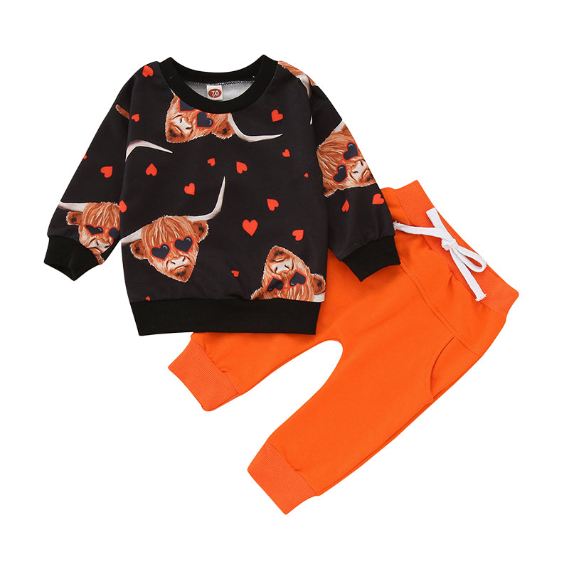 2 Pieces Set Baby Kid Unisex Valentine's Day Love heart Animals Print Hoodies Swearshirts And Solid Color Pants Wholesale 221229678