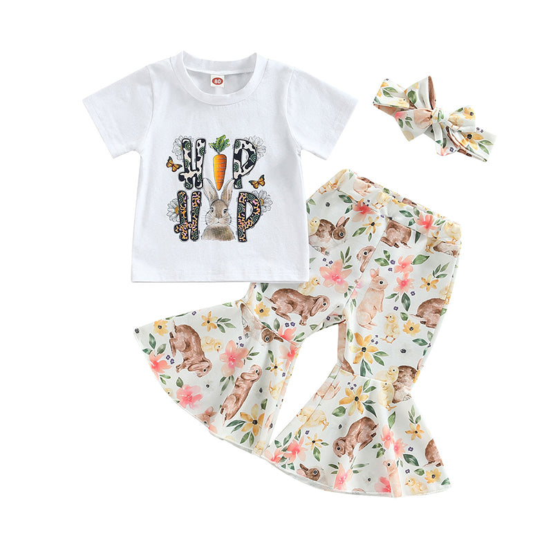 3 Pieces Set Baby Kid Girls Letters Cartoon Print T-Shirts And Flower Pants And Bow Headwear Wholesale 221229731