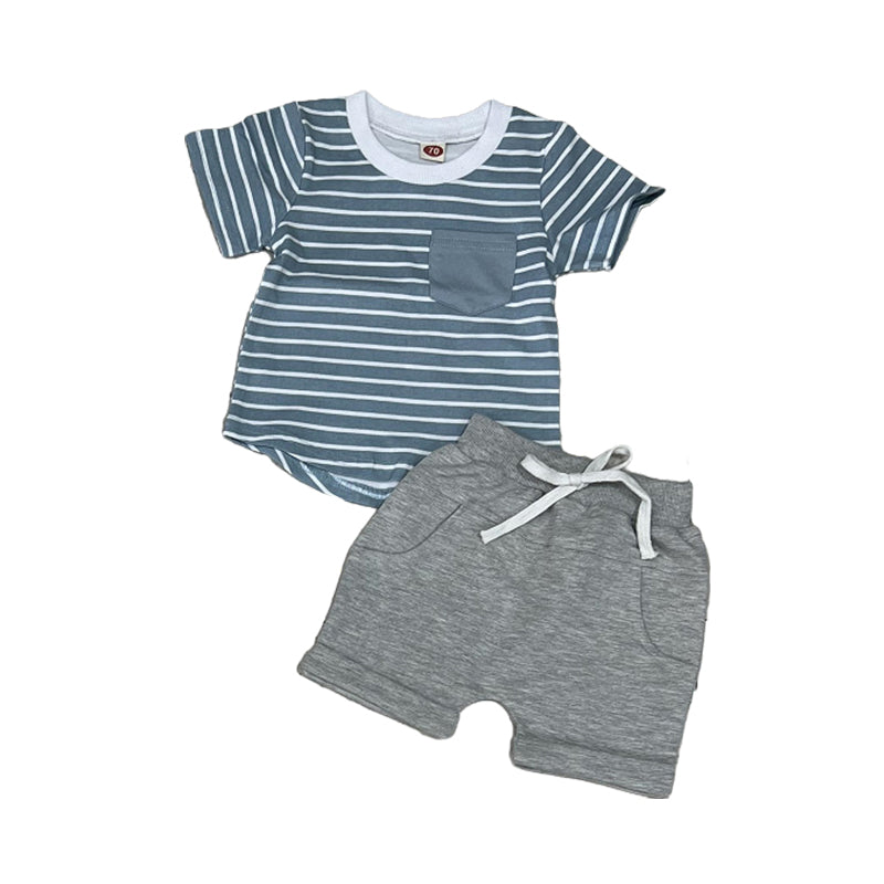 2 Pieces Set Baby Kid Boys Striped T-Shirts And Solid Color Shorts Wholesale 221229735