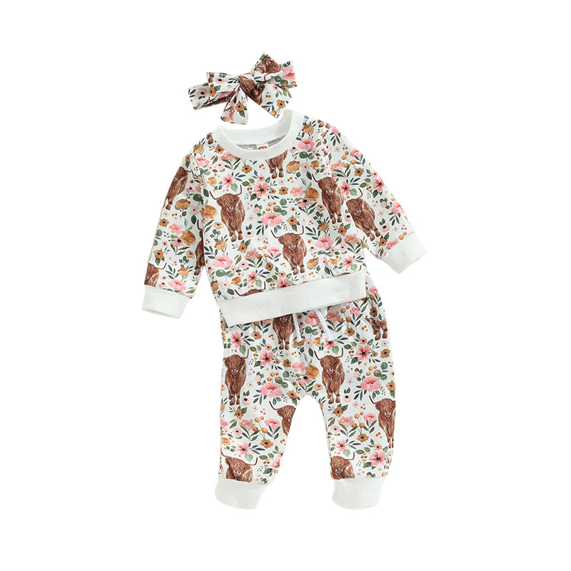 3 Pieces Set Baby Kid Girls Flower Animals Print Hoodies Swearshirts Pants And Bow Headwear Wholesale 221229738