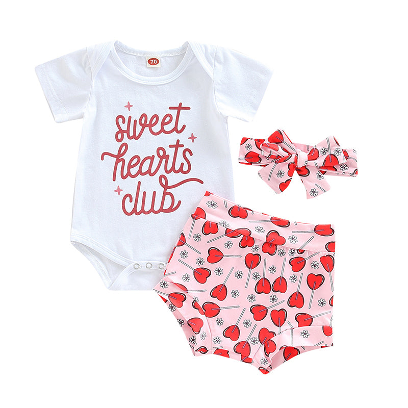 3 Pieces Set Baby Girls Letters Print Rompers Love heart Shorts And Bow Headwear Wholesale 221229757