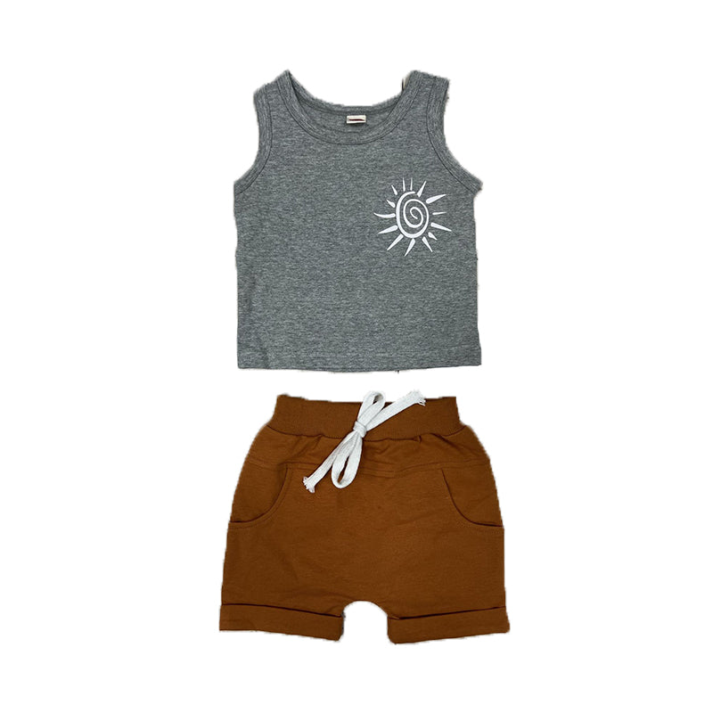 2 Pieces Set Baby Kid Boys Print Tank Tops And Solid Color Shorts Wholesale 221229835