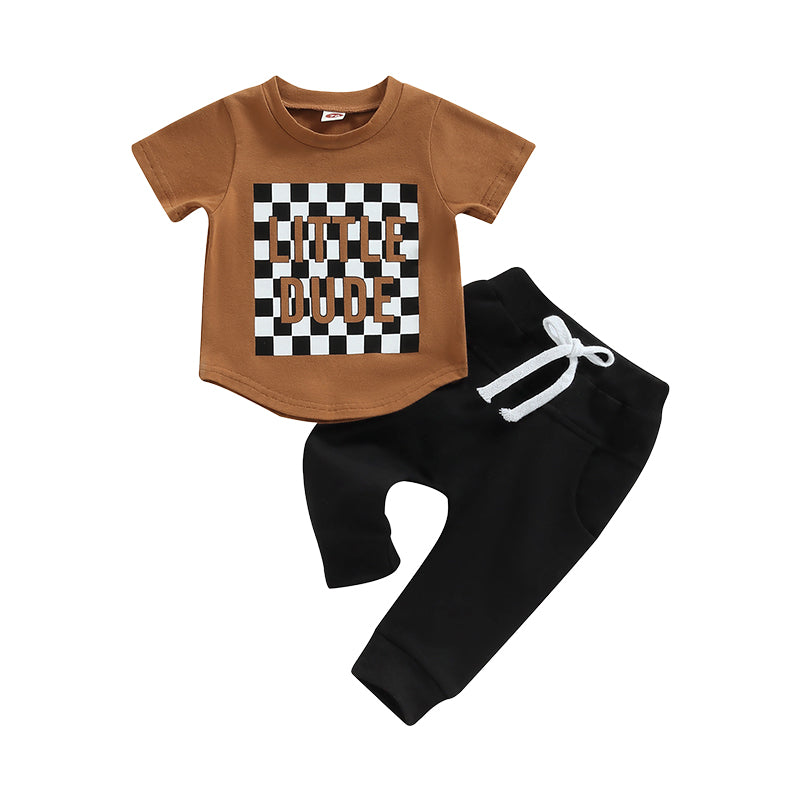 2 Pieces Set Baby Kid Boys Letters Checked Tops And Solid Color Pants Wholesale 221229838