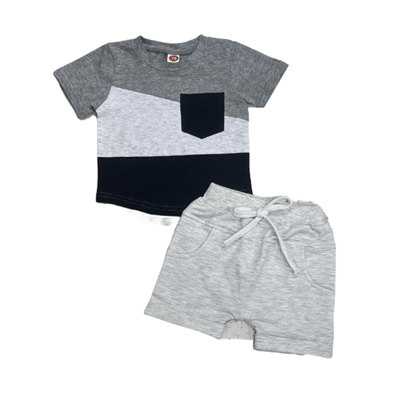 2 Pieces Set Baby Kid Boys Color-blocking T-Shirts And Solid Color Ribbon Shorts Wholesale 221229847