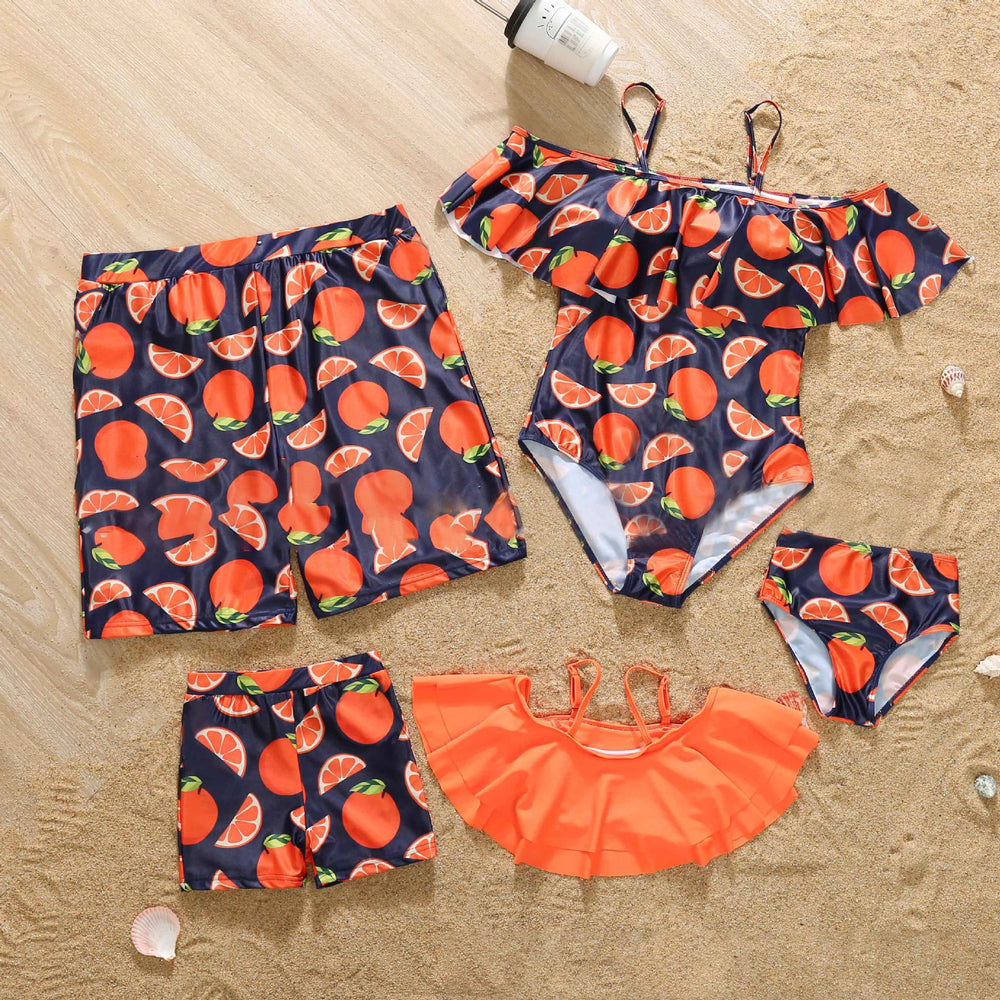 Family Matching Orange Print Swimsuits Wholesale 92784616