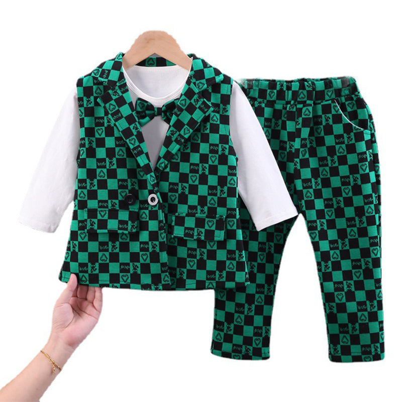 3 Pieces Set Baby Kid Girls Bow Tops Checked Vests Waistcoats And Love heart Pants Wholesale 230103209