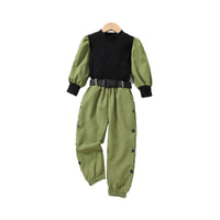 Load image into Gallery viewer, 2 Pieces Set Kid Girls Muslin&amp;Ribbed Tops And Solid Color Ribbon Pants Wholesale 230103241
