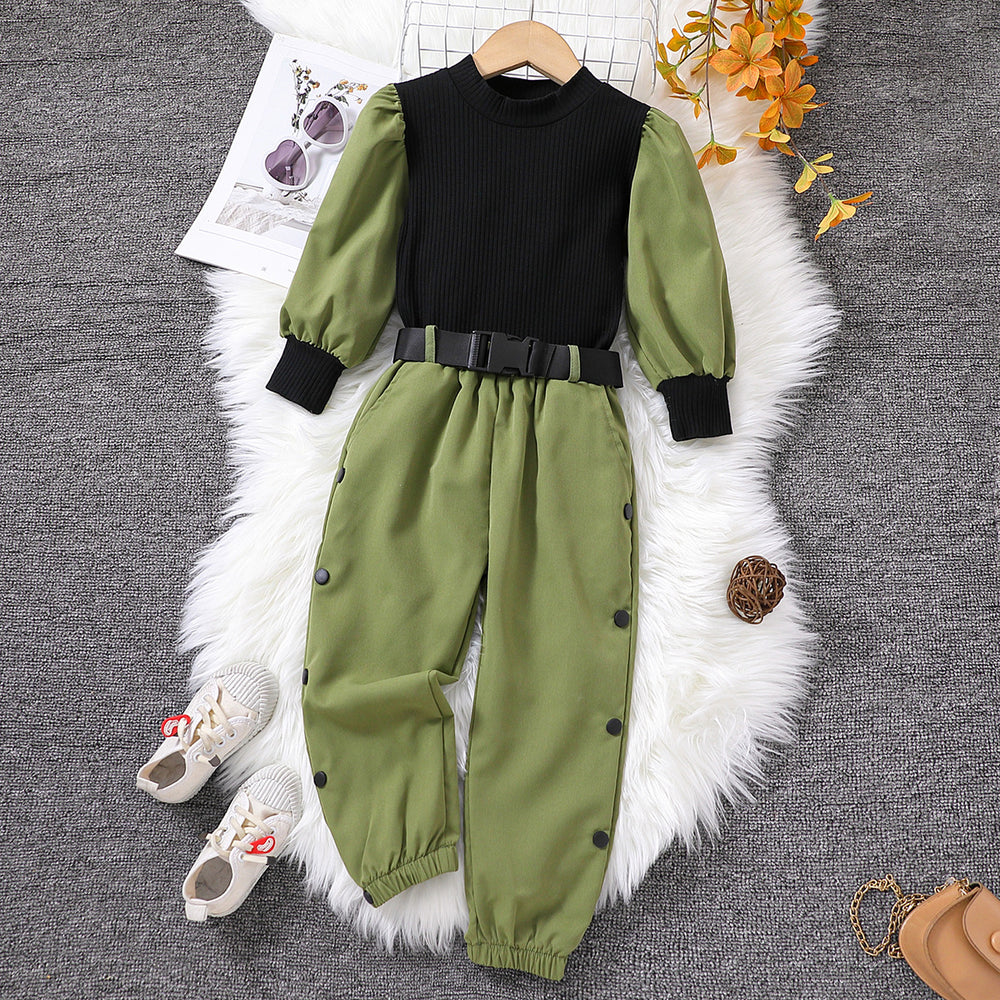 2 Pieces Set Kid Girls Muslin&Ribbed Tops And Solid Color Ribbon Pants Wholesale 230103241
