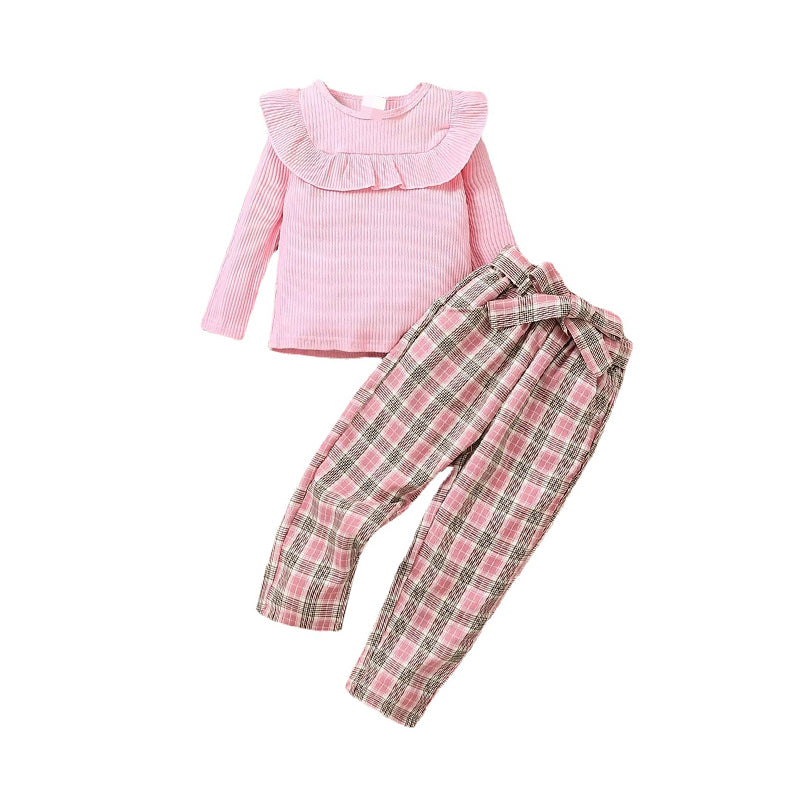 2 Pieces Set Baby Kid Girls Solid Color Tops And Checked Pants Wholesale 230103248