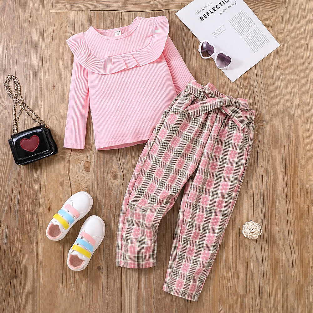 2 Pieces Set Baby Kid Girls Solid Color Tops And Checked Pants Wholesale 230103248