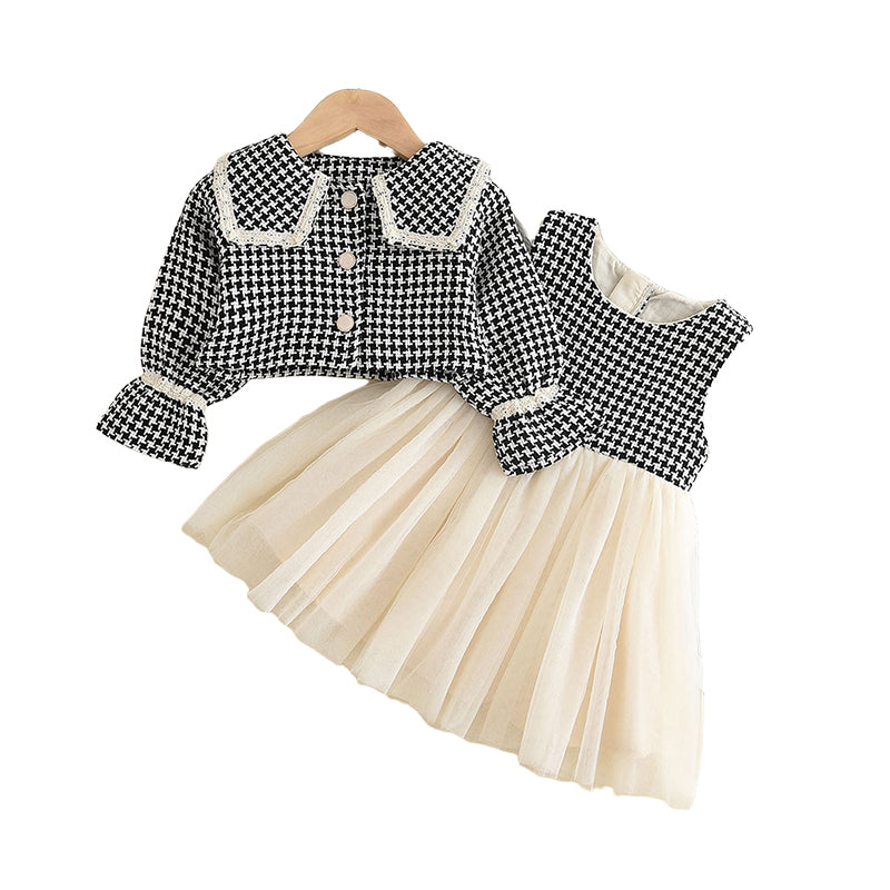 2 Pieces Set Baby Kid Girls Houndstooth Jackets Outwears And Dresses Wholesale 230103294