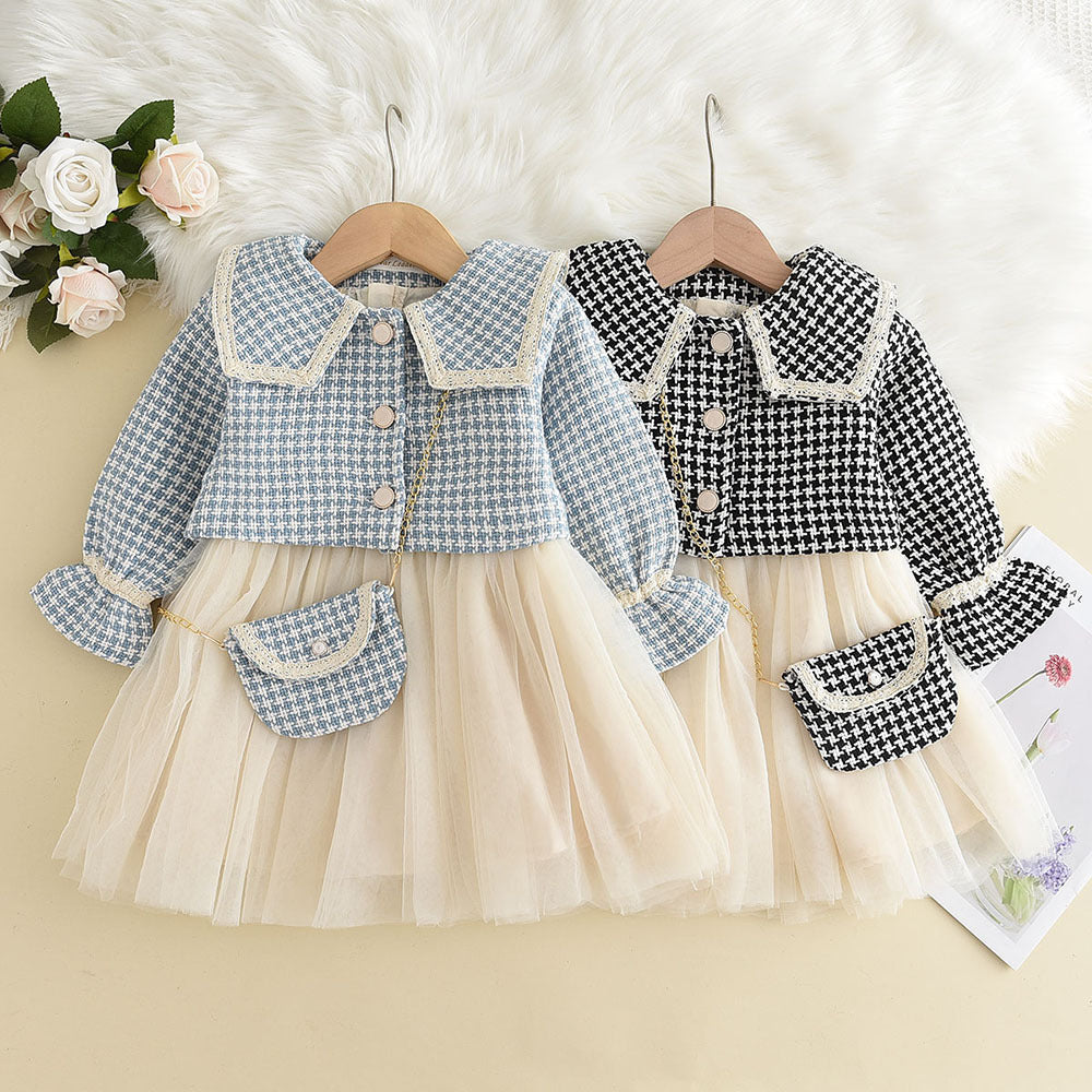 2 Pieces Set Baby Kid Girls Houndstooth Jackets Outwears And Dresses Wholesale 230103294