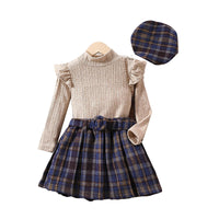 Load image into Gallery viewer, 3 Pieces Set Baby Kid Girls Solid Color Tops Checked Skirts And Hats Wholesale 230103297
