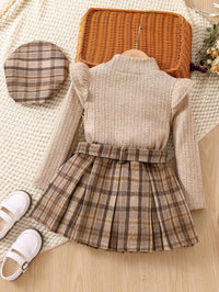 Load image into Gallery viewer, 3 Pieces Set Baby Kid Girls Solid Color Tops Checked Skirts And Hats Wholesale 230103297

