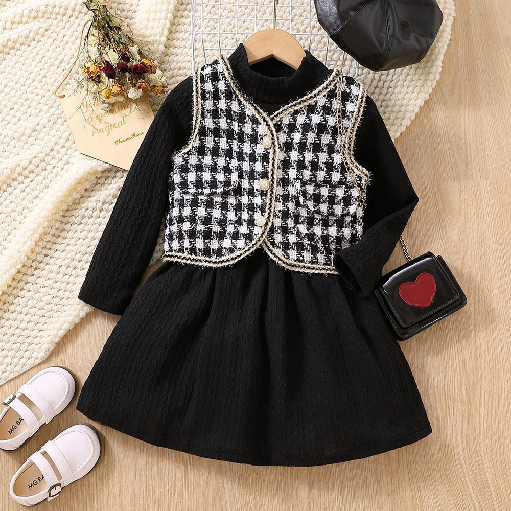 2 Pieces Set Baby Kid Girls Solid Color Dresses And Checked Vests Waistcoats Wholesale 230103303