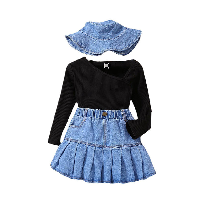 3 Pieces Set Baby Kid Girls Muslin&Ribbed Tops And Solid Color Skirts And Hats Wholesale 230103314