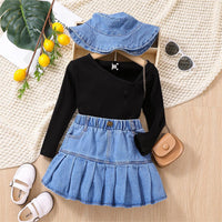 Load image into Gallery viewer, 3 Pieces Set Baby Kid Girls Muslin&amp;Ribbed Tops And Solid Color Skirts And Hats Wholesale 230103314
