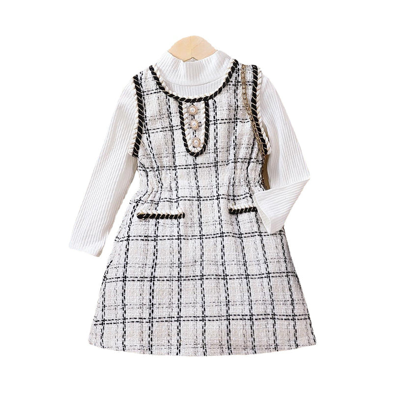 2 Pieces Set Baby Kid Girls Solid Color Tops And Checked Dresses Wholesale 230103367