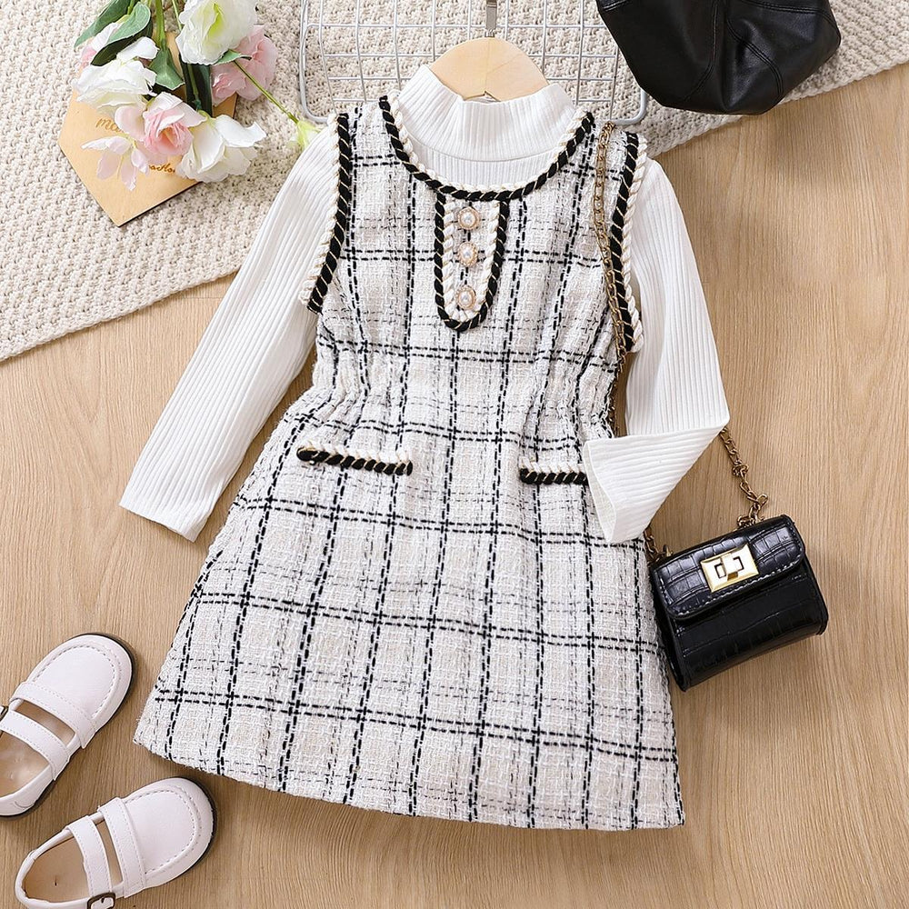 2 Pieces Set Baby Kid Girls Solid Color Tops And Checked Dresses Wholesale 230103367