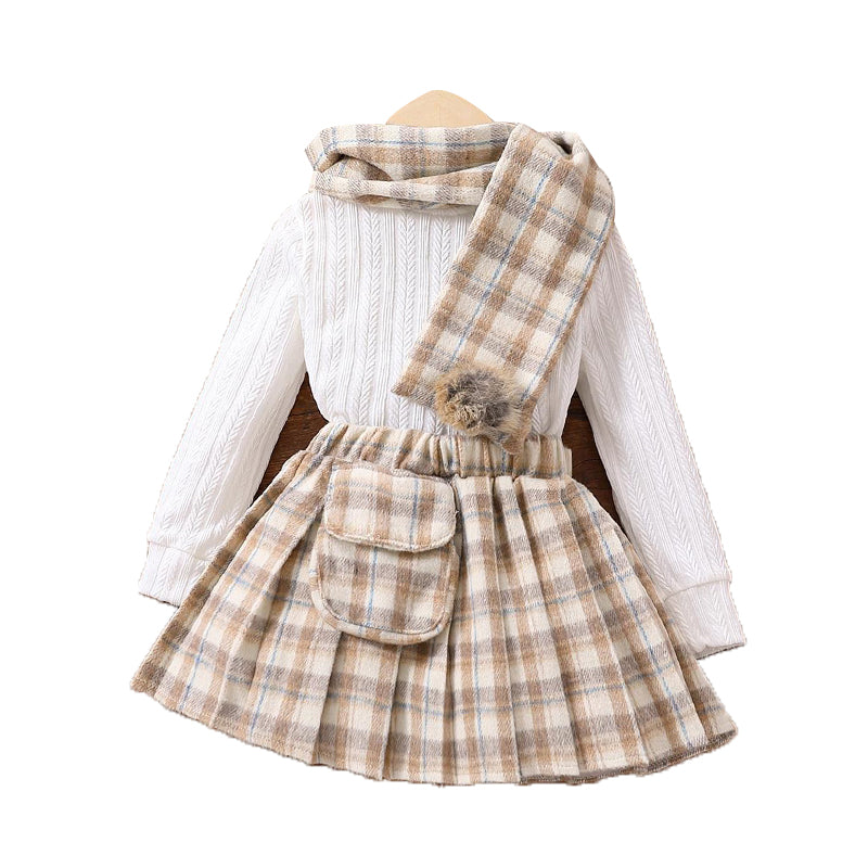 2 Pieces Set Baby Kid Girls Solid Color Sweaters And Checked Skirts Wholesale 230103407