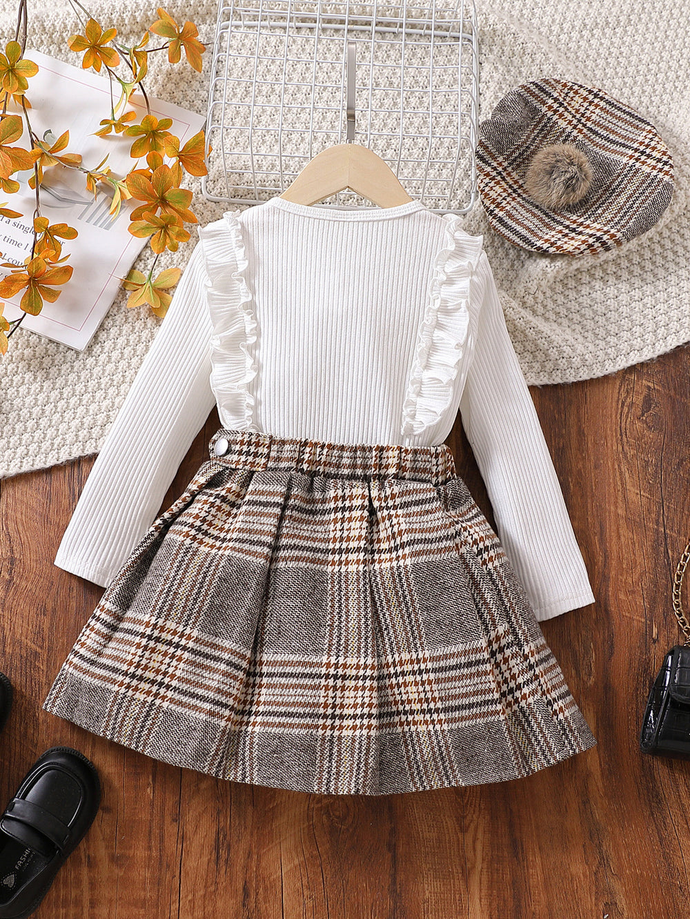2 Pieces Set Kid Girls Solid Color Muslin&Ribbed Tops And Checked Skirts Wholesale 230103459