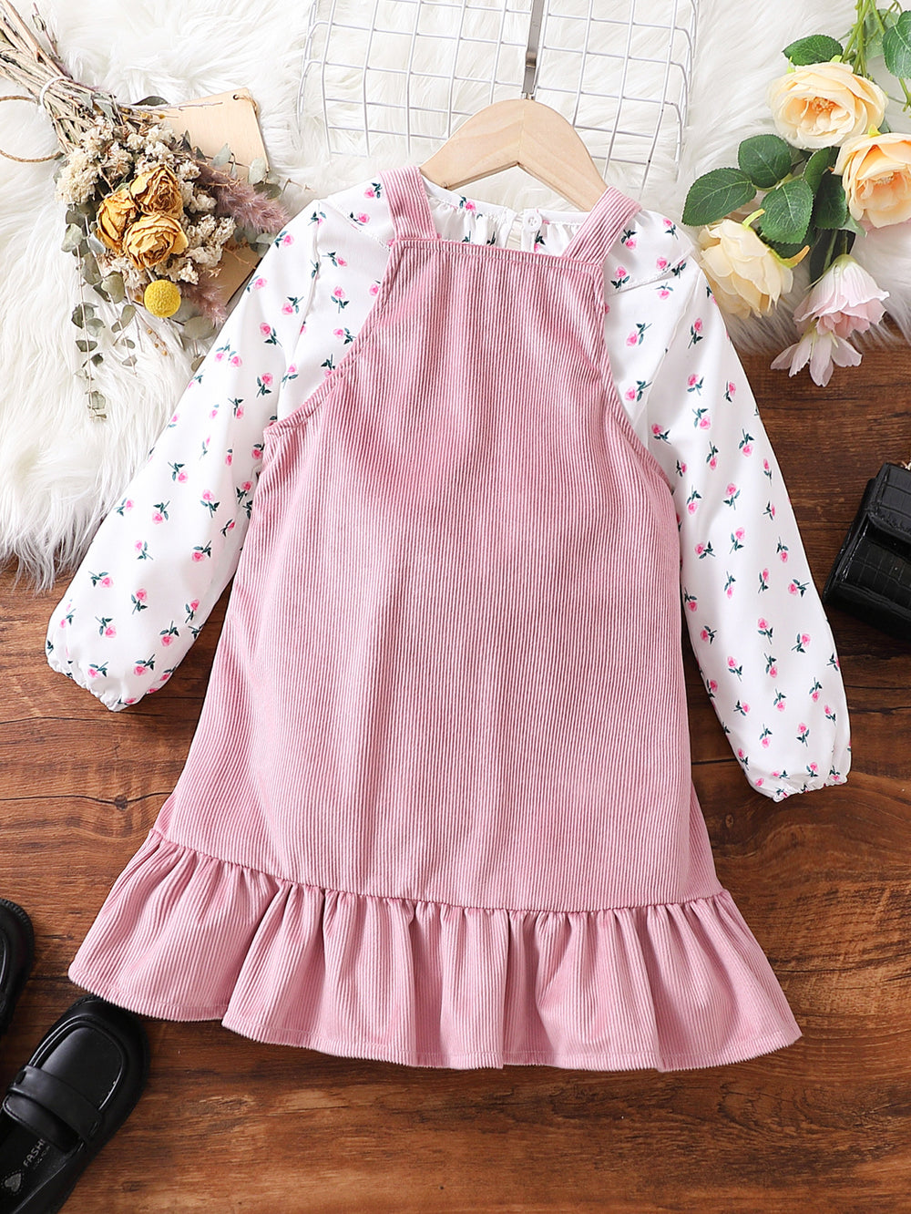 2 Pieces Set Baby Kid Girls Flower Print Tops And Solid Color Dresses Wholesale 230103491