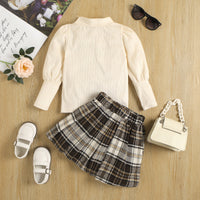 Load image into Gallery viewer, 2 Pieces Set Baby Kid Girls Solid Color Sweaters And Checked Skirts Wholesale 23010350
