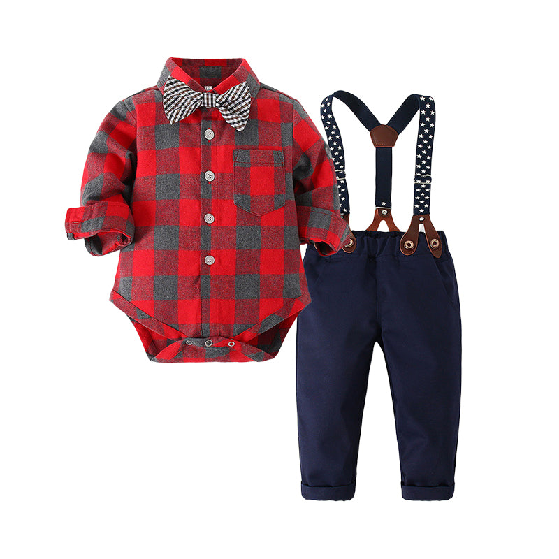 2 Pieces Set Baby Boys Birthday Party Checked Bow Rompers And Solid Color Jumpsuits Wholesale 23010351