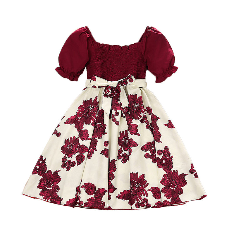 Kid Girls Color-blocking Flower Ribbon Print Dresses Wholesale 230103568