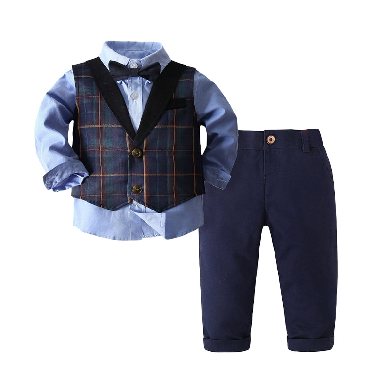 3 Pieces Set Baby Kid Boys Birthday Party Bow Shirts And Checked Vests Waistcoats And Solid Color Pants Wholesale 23010365