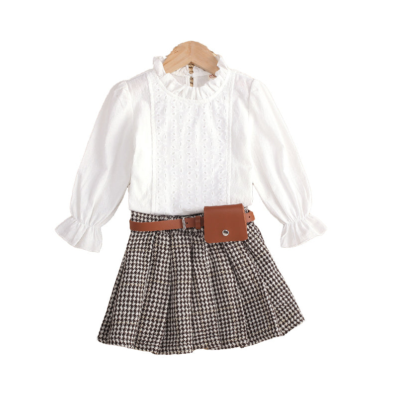 2 Pieces Set Baby Kid Girls Solid Color Tops And Checked Skirts Wholesale 23010390